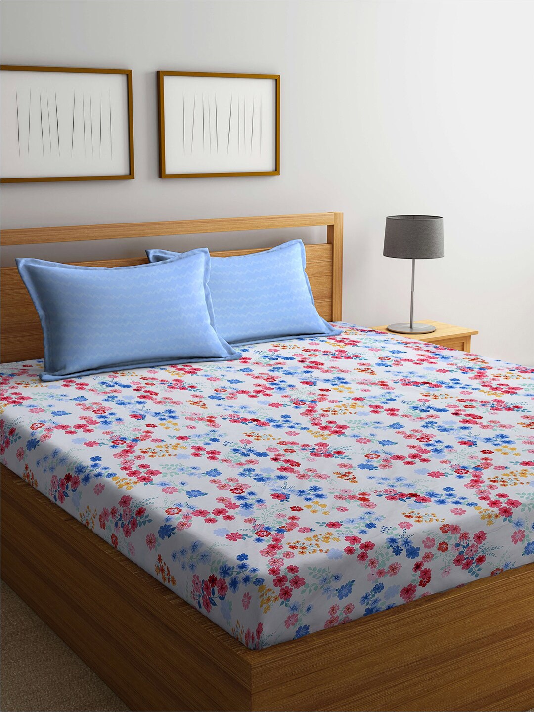 

KLOTTHE White & Blue 300 TC Fitted Double King Bedsheet With 2 Pillow Covers
