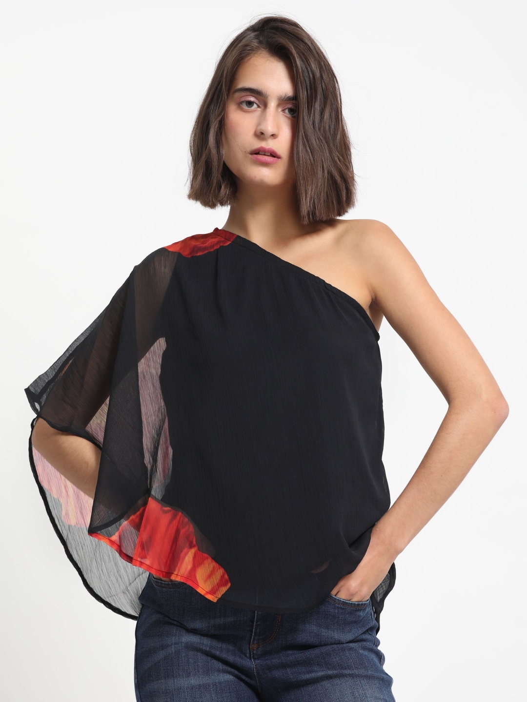 

RAREISM Floral Printed One Shoulder Top, Black