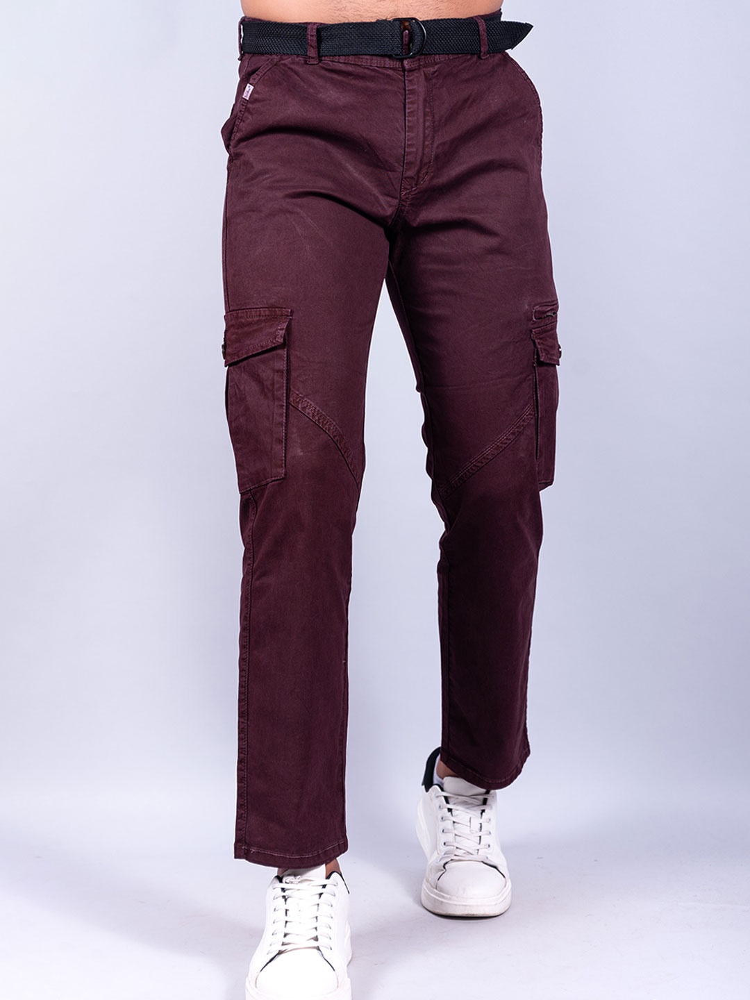 

Tistabene Men Mid-Rise Relaxed Fit Cotton Cargos Trousers, Burgundy