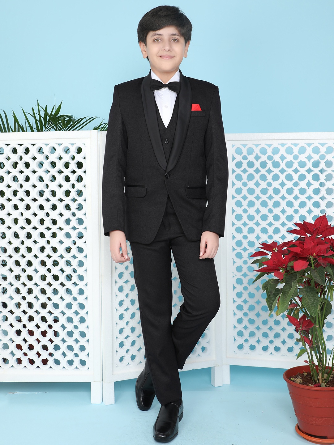 

BAESD Boys Single-Breasted Silk Cotton Four-Piece Suit, Black