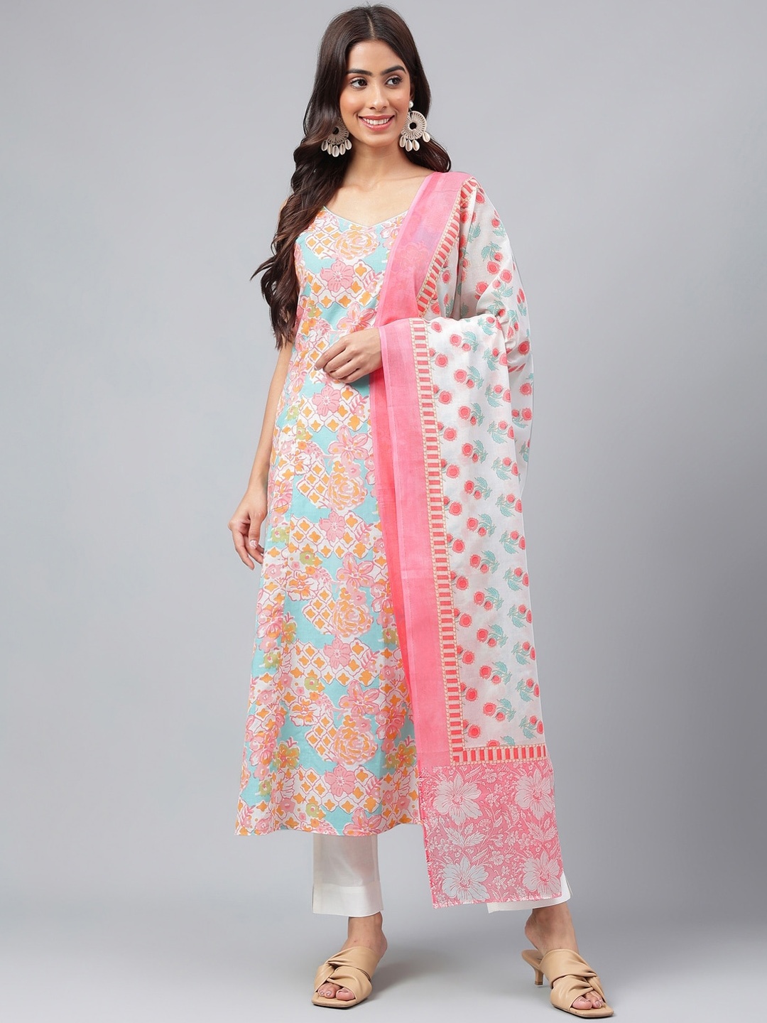 

Janasya Pink Floral Printed Pure Cotton A-Line Kurta With Trousers And Dupatta