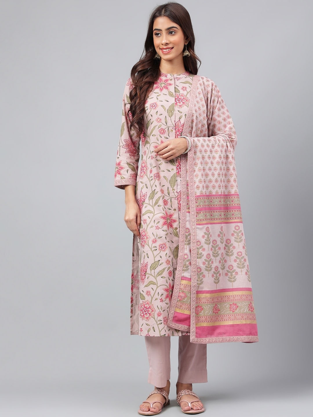 

Janasya Floral Printed Pure Cotton Kurta with Trousers & Dupatta, Pink