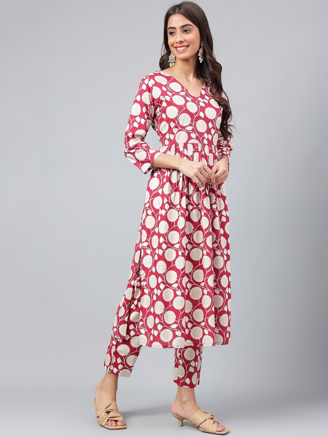 

Janasya Pure Cotton Floral Printed Pleated A-Line Tunic with Trousers, Maroon