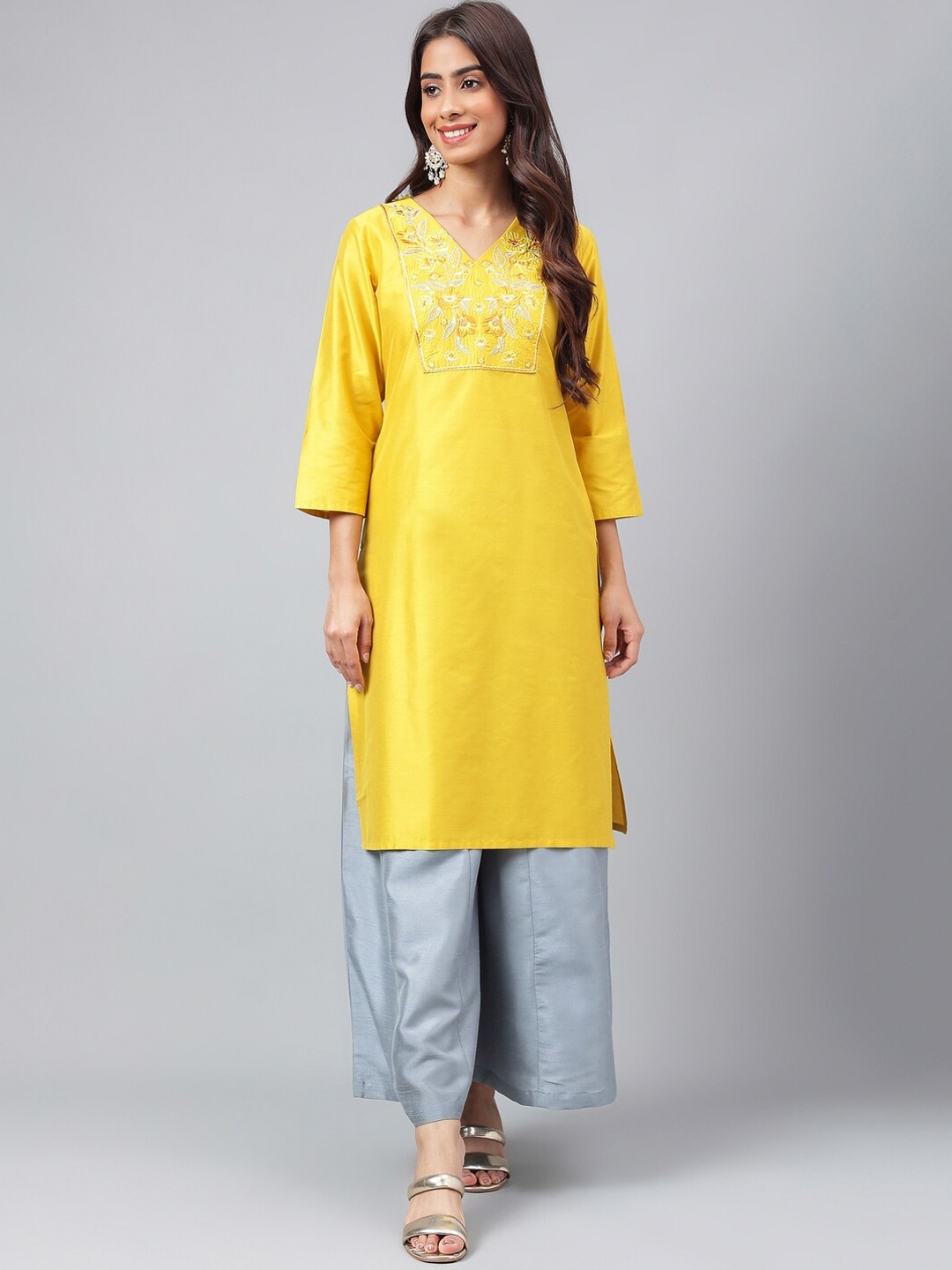 

Janasya Floral Embroidered Kurta, Yellow