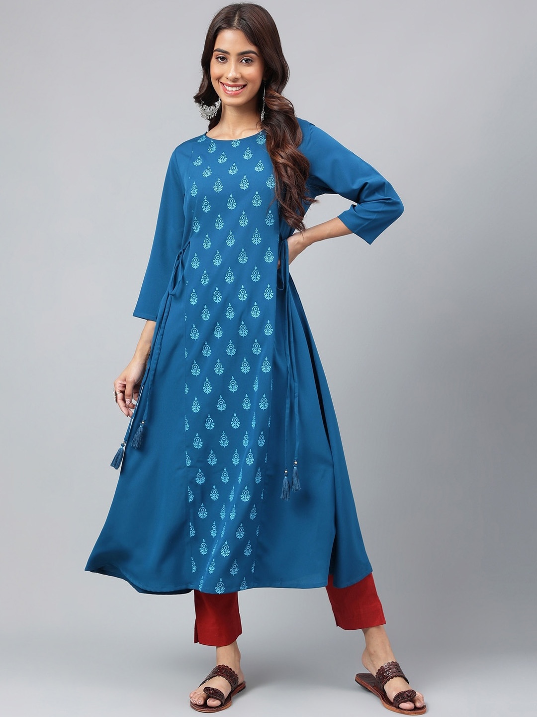 

Janasya Ethnic Motifs Printed A-Line Kurta, Blue