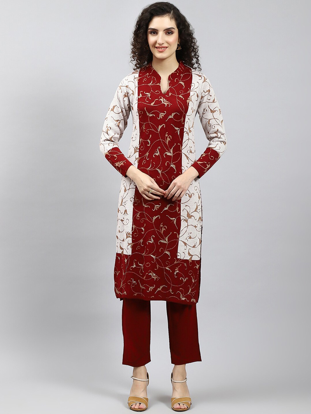 

Monte Carlo Woven Design Mandarin Collar Wool Blend Kurta With Trousers, Red