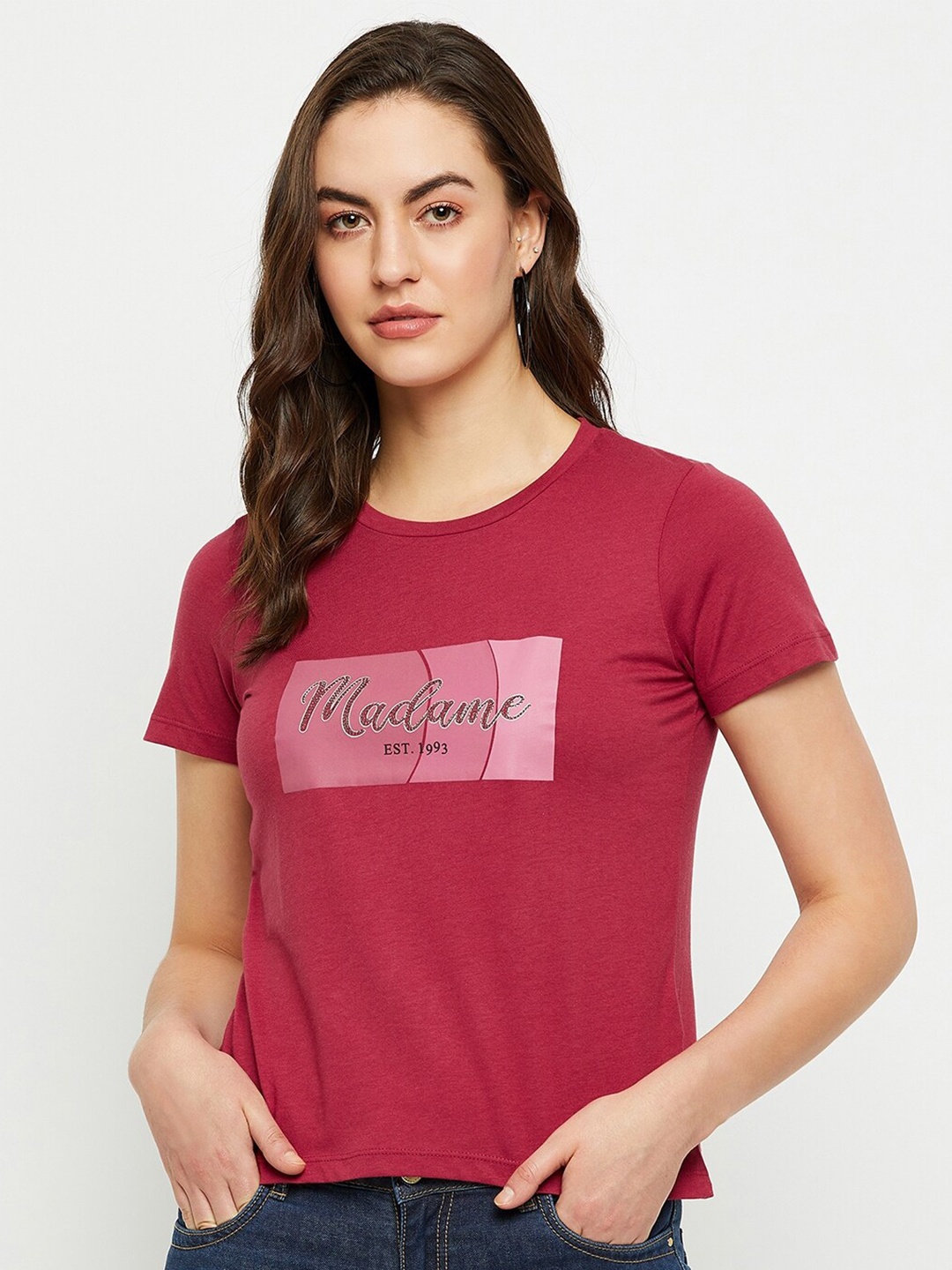 

Madame Typography Printed Cotton Tshirt, Red