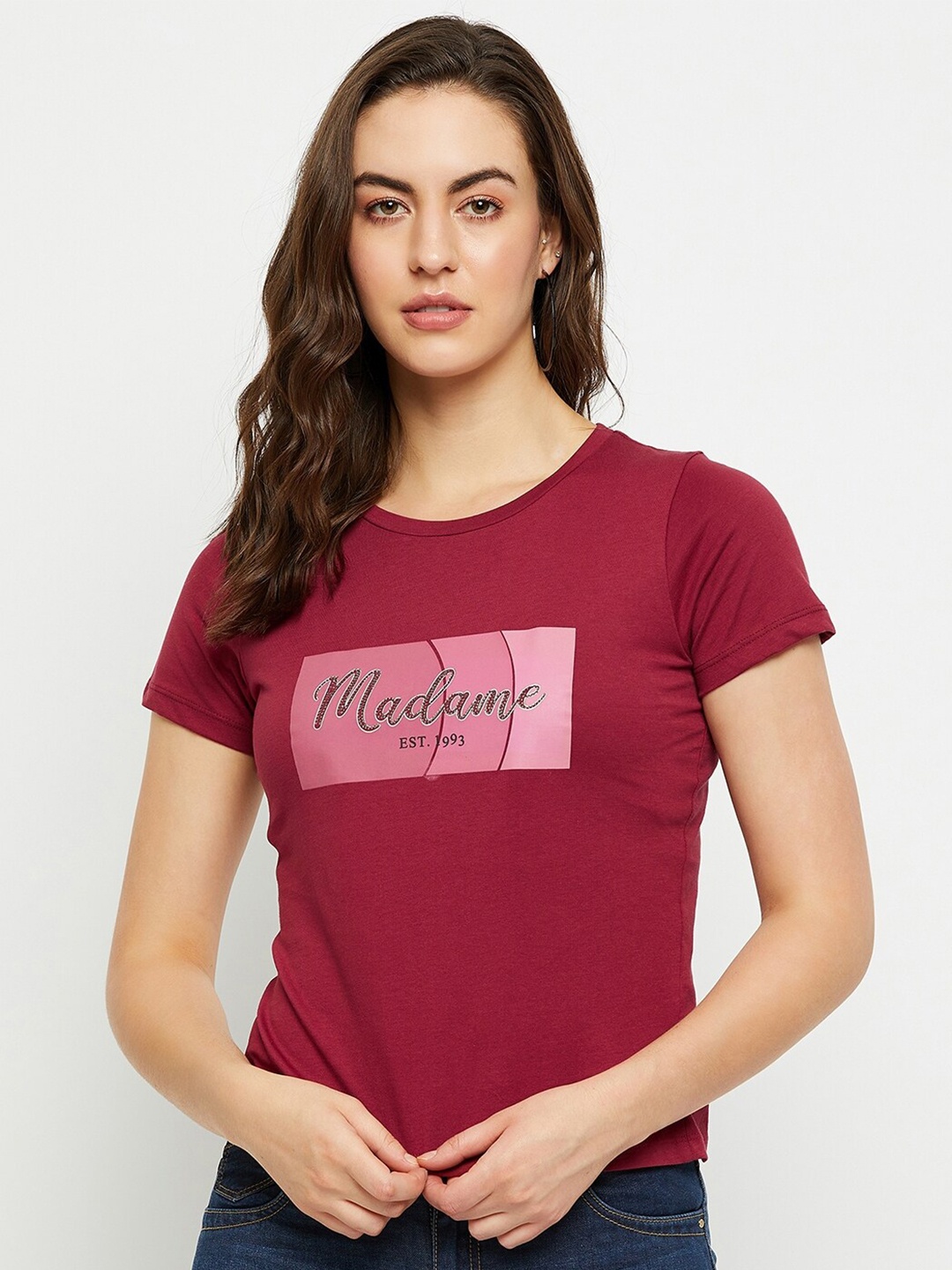 

Madame Brand Logo Printed Pure Cotton T-shirt, Maroon