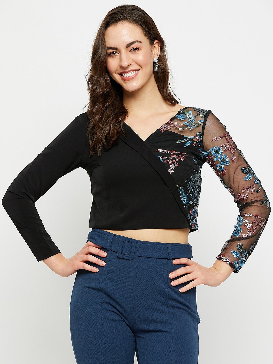 

Madame Embellished V-Neck Crop Top, Black