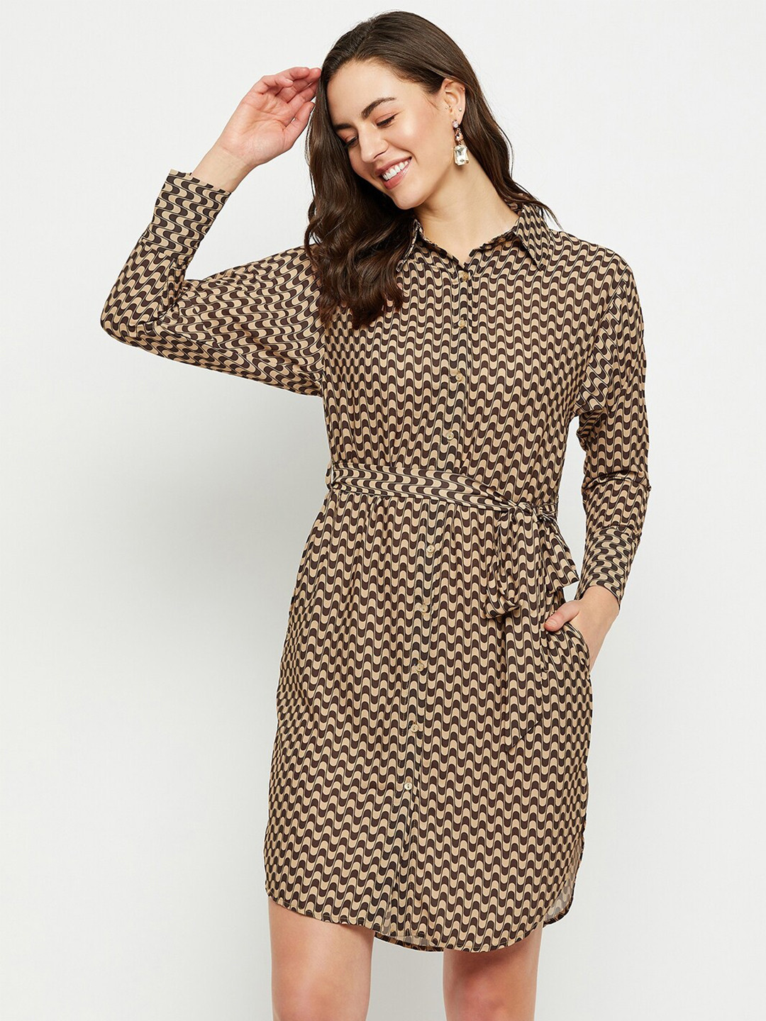 

Madame Geometric Printed Shirt Style Dress, Beige