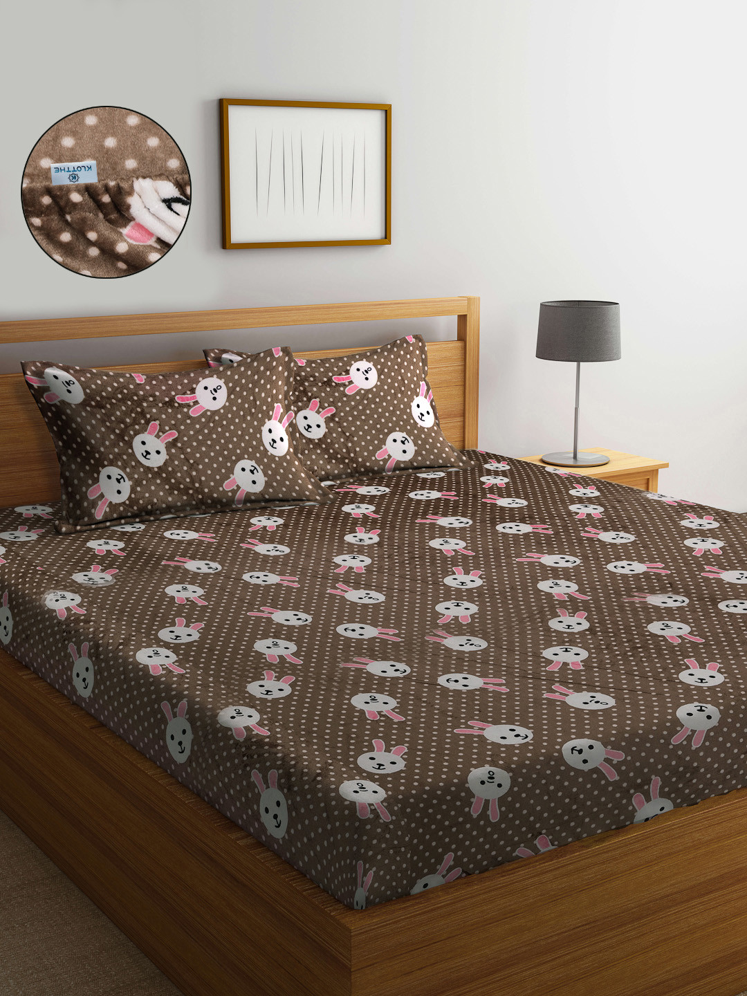 

KLOTTHE Brown & White Bunny Printed Woolen 300 TC King Bedsheet & 2 Pillow Covers