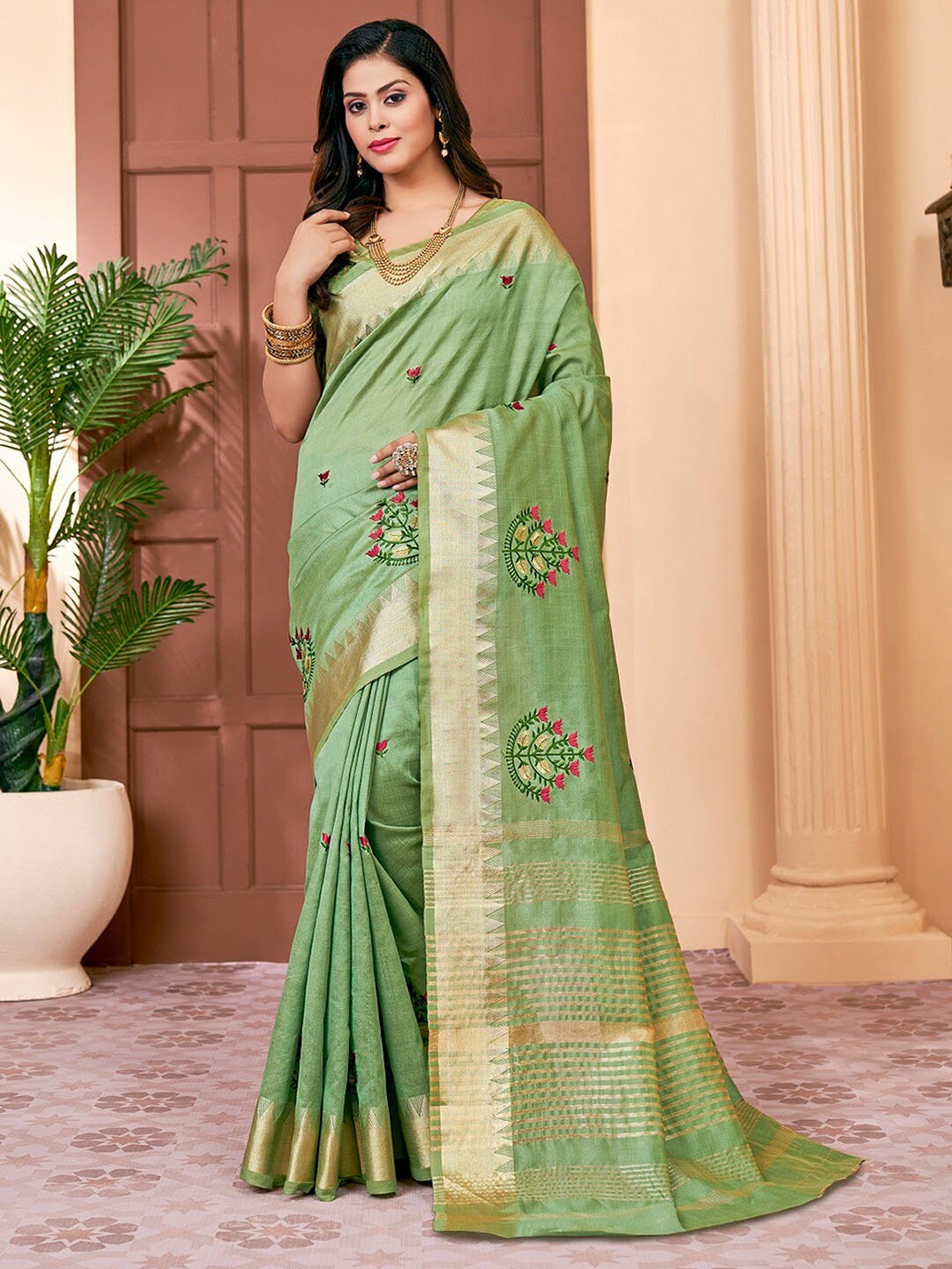 

Mitera Green & Red Ethnic Motifs Embroidered Zari Saree