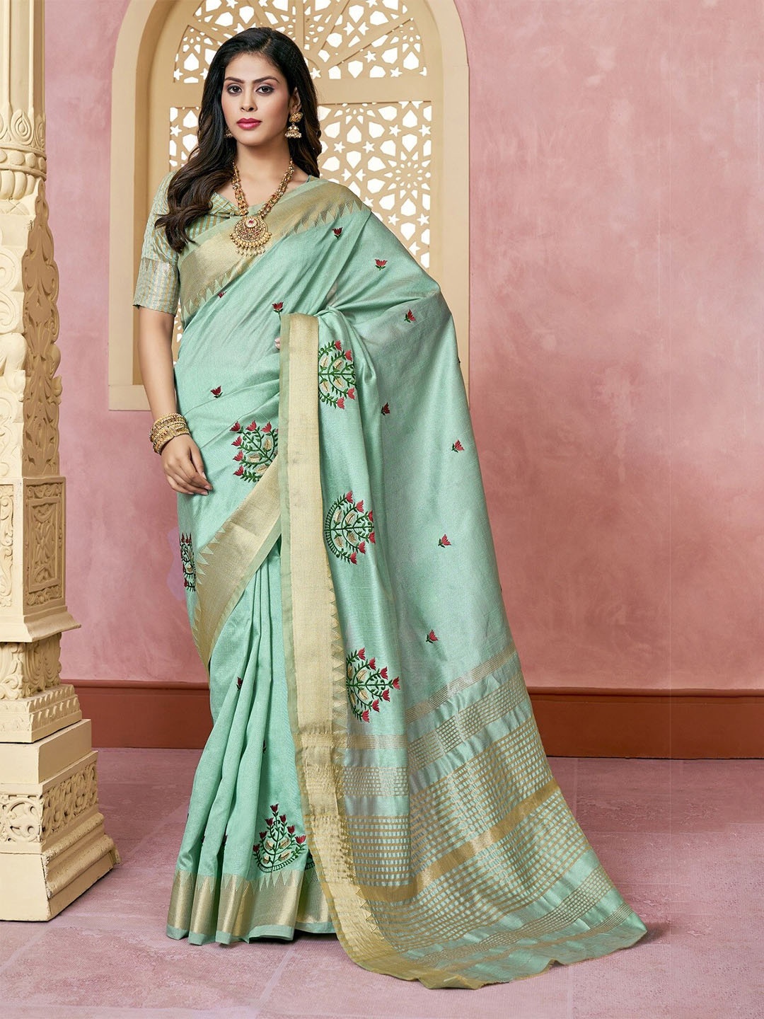 

Mitera Ethnic Motifs Embroidered Silk Cotton Saree, Turquoise blue