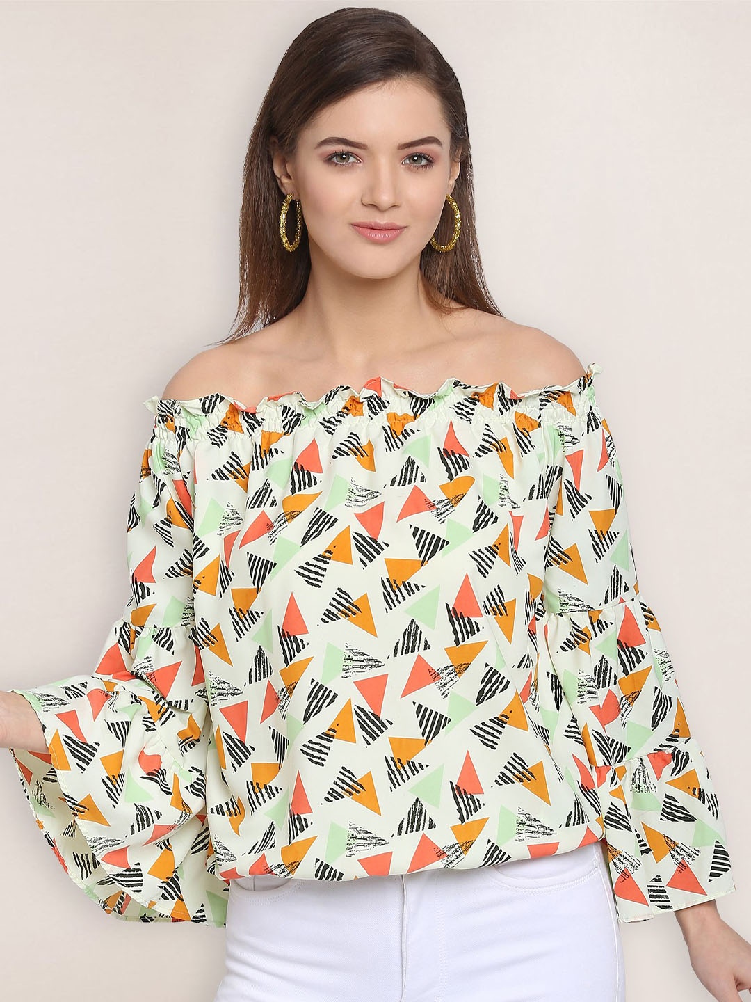 

BAESD Geometric Printed Off-Shoulder Flared Sleeves Blouson Top, Green