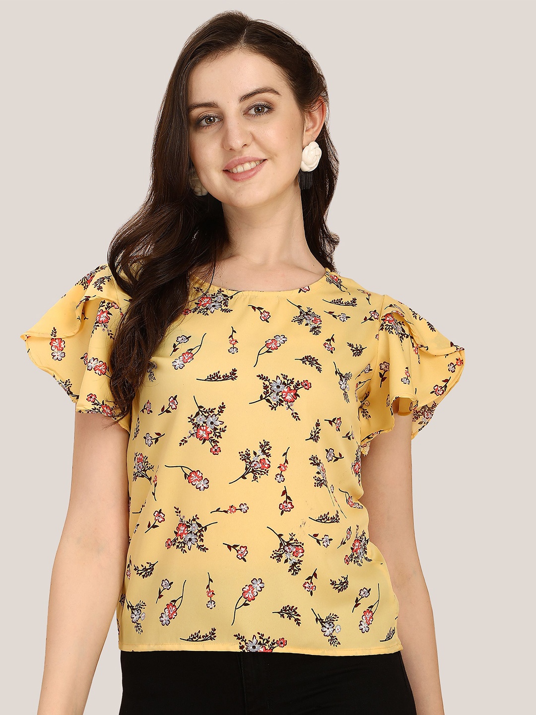 

BAESD Floral Printed Flutter Sleeves Top, Yellow