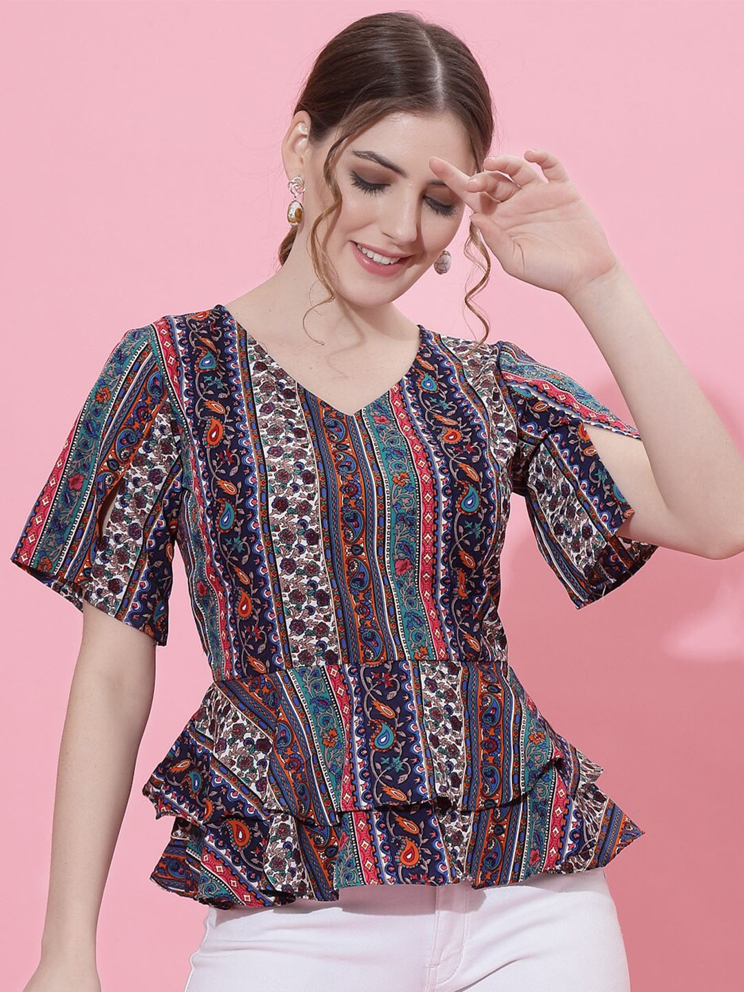 

BAESD Ethnic Motifs Printed Slit Sleeve Layered Peplum Top, Blue