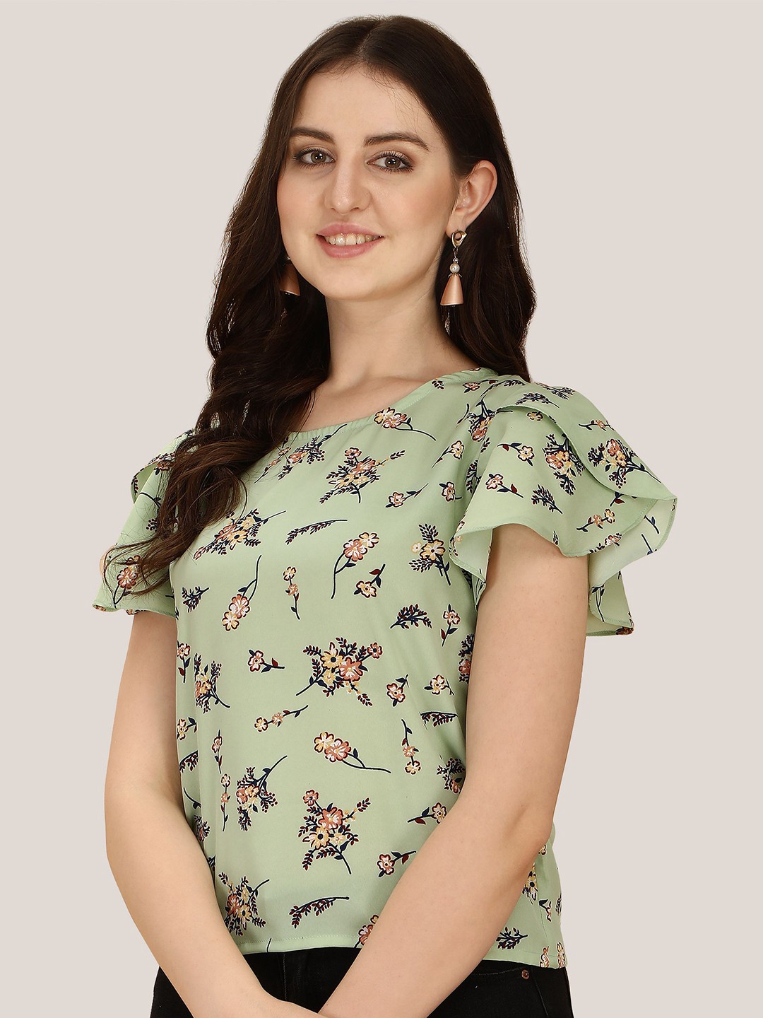 

BAESD Floral Printed Flutter Sleeves Top, Green