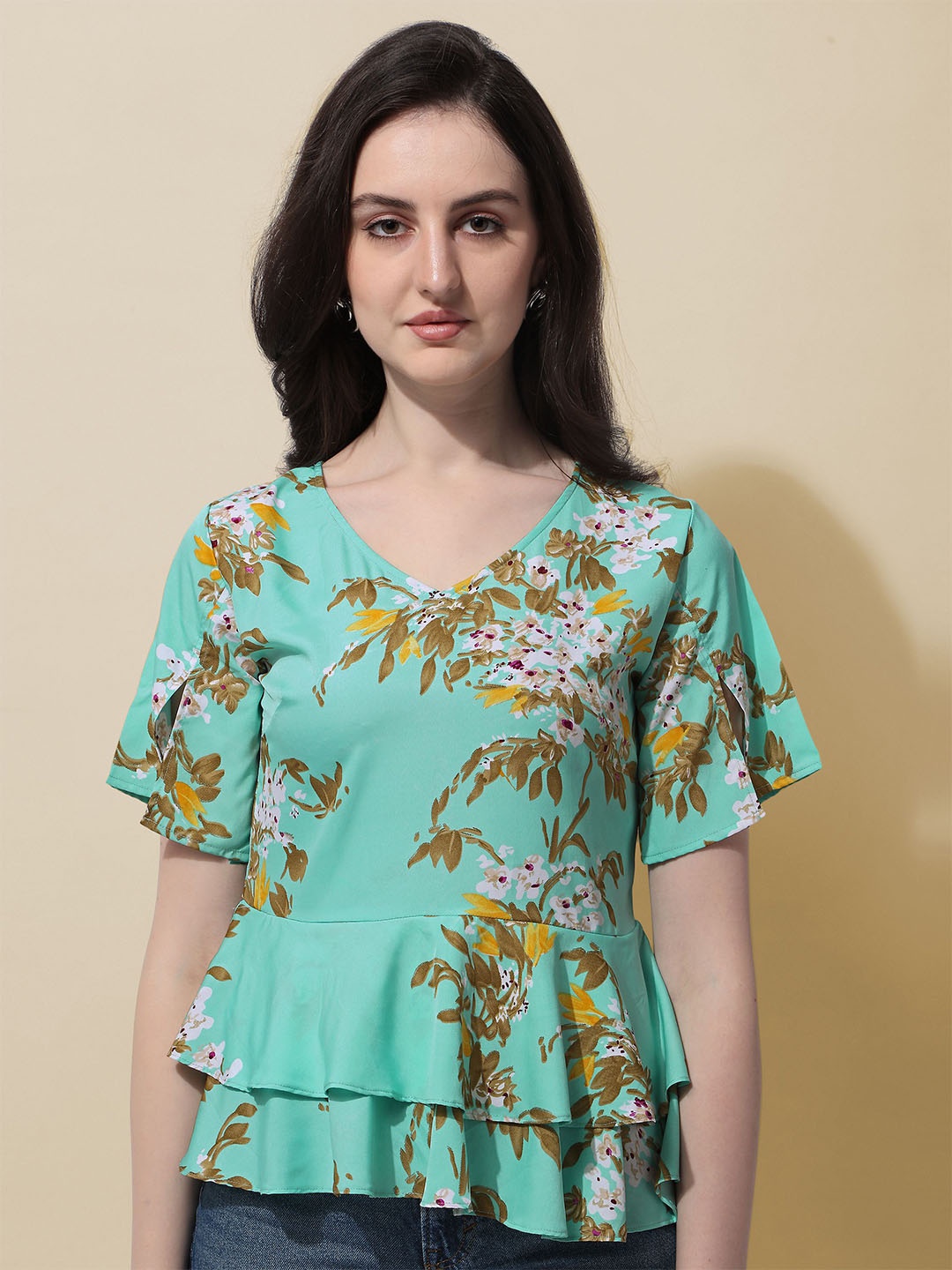 

BAESD Floral Printed Slit Sleeve Layered Peplum Top, Green