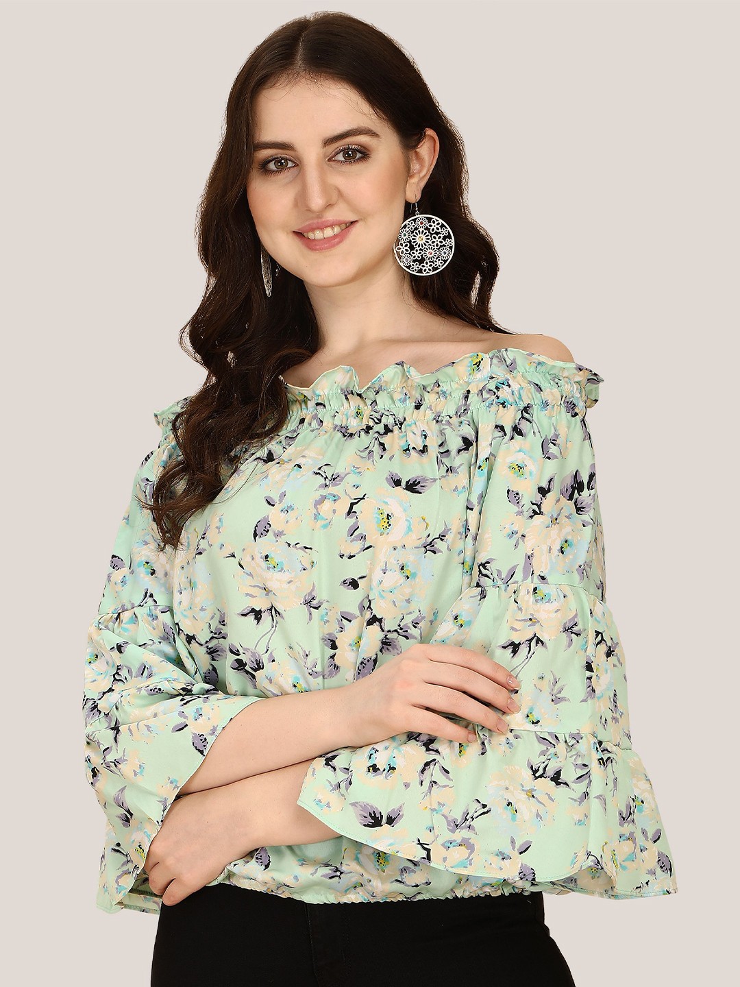 

BAESD Floral Printed Off-Shoulder Bell Sleeves Blouson Top, Green