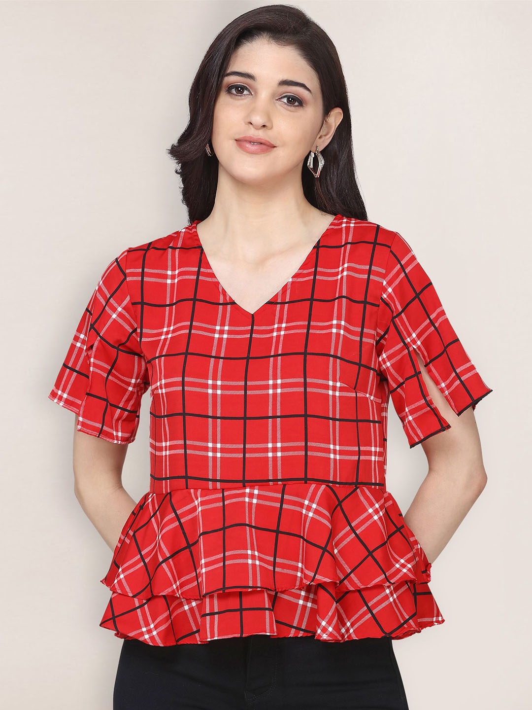 

BAESD Checked V-Neck Slit Sleeves Peplum Top, Red