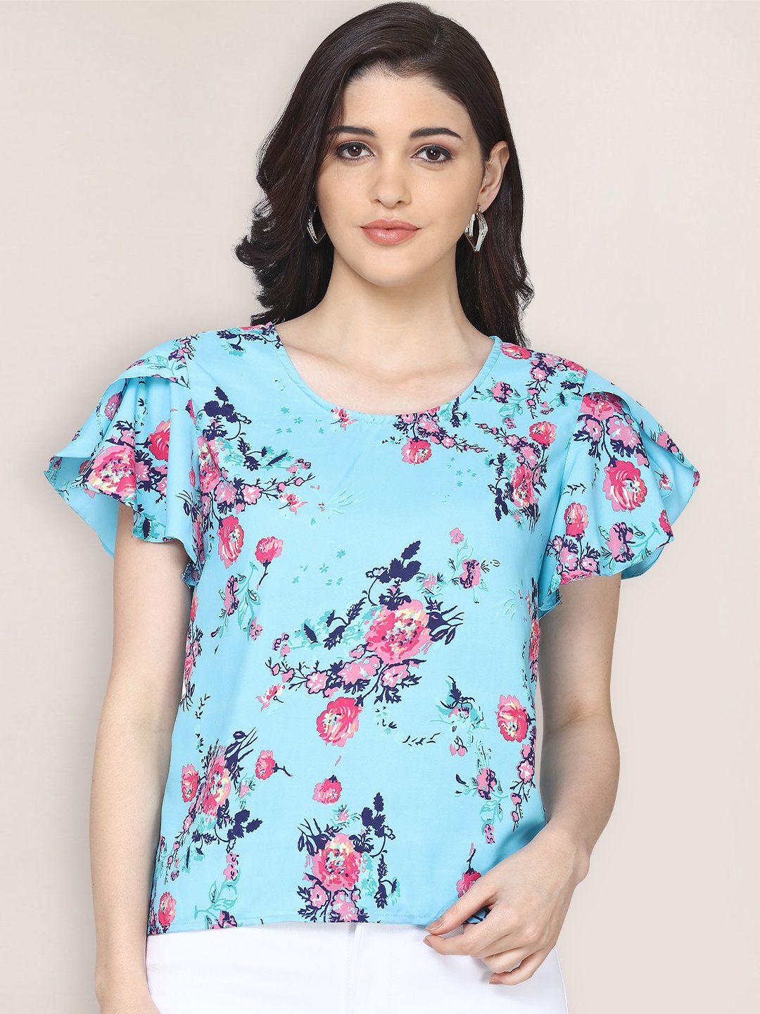 

BAESD Floral Printed Flutter Sleeve Top, Blue