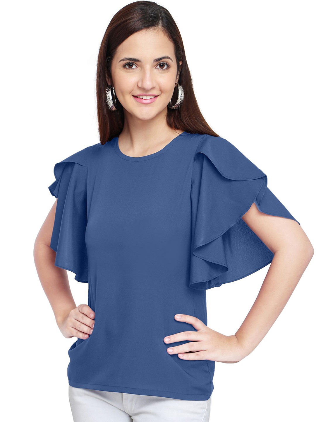 

BAESD Round Neck Flutter Sleeve Regular Top, Blue