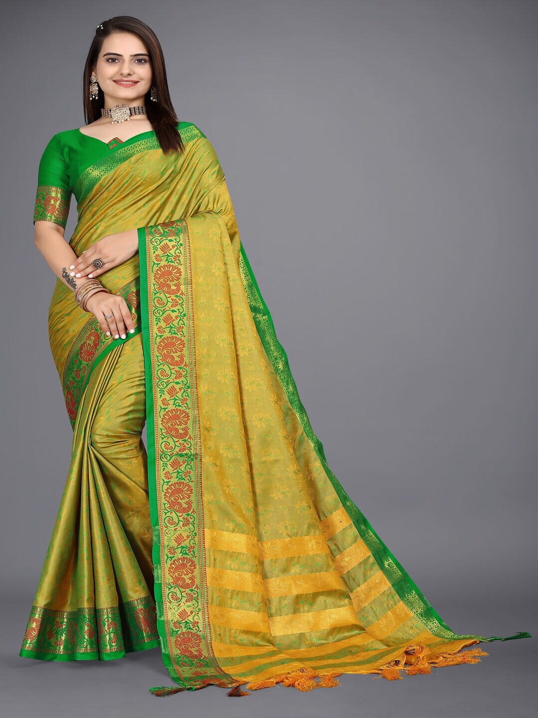 

Paramparik Textile Woven Design Zari Pure Silk Banarasi Saree, Mustard