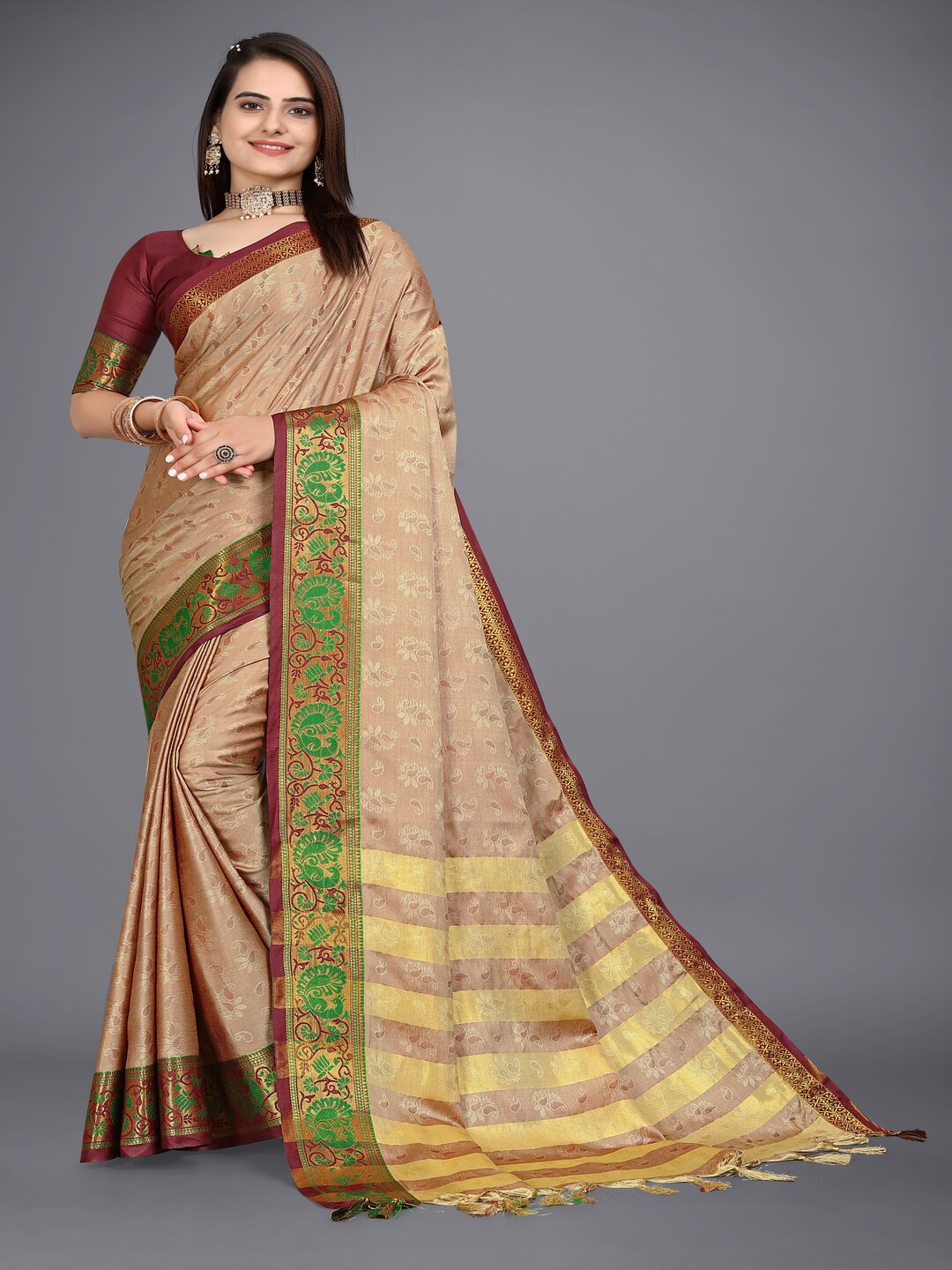 

Paramparik Textile Woven Design Zari Pure Silk Banarasi Saree, Beige