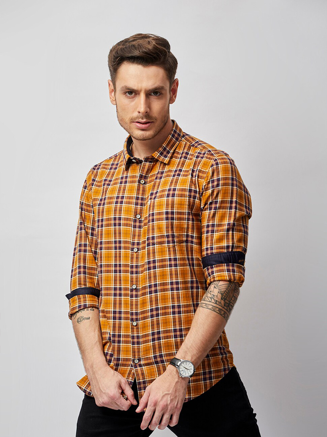 

MOZZO Classic Slim Fit Checked Cotton Casual Shirt, Mustard