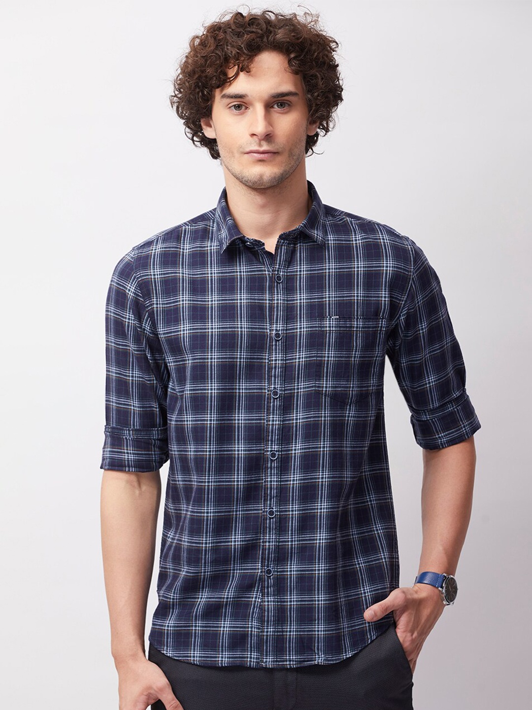 

MOZZO Classic Tartan Checks Slim Fit Cotton Casual Shirt, Navy blue