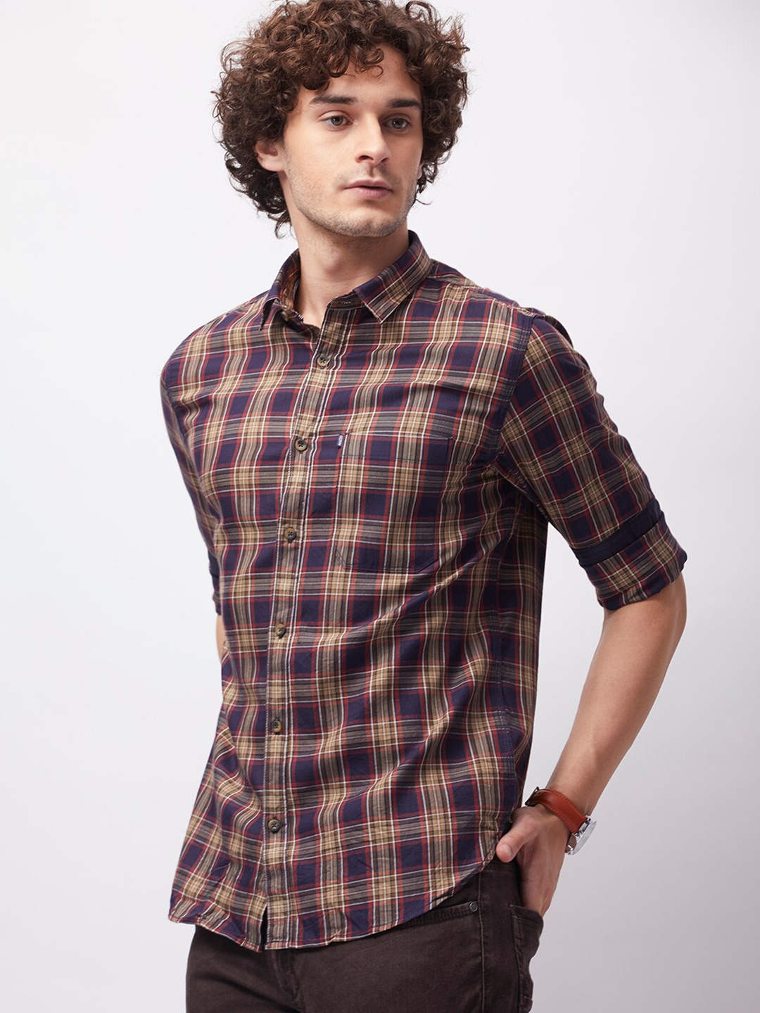 

MOZZO Classic Checked Cotton Slim Fit Casual Shirt, Maroon