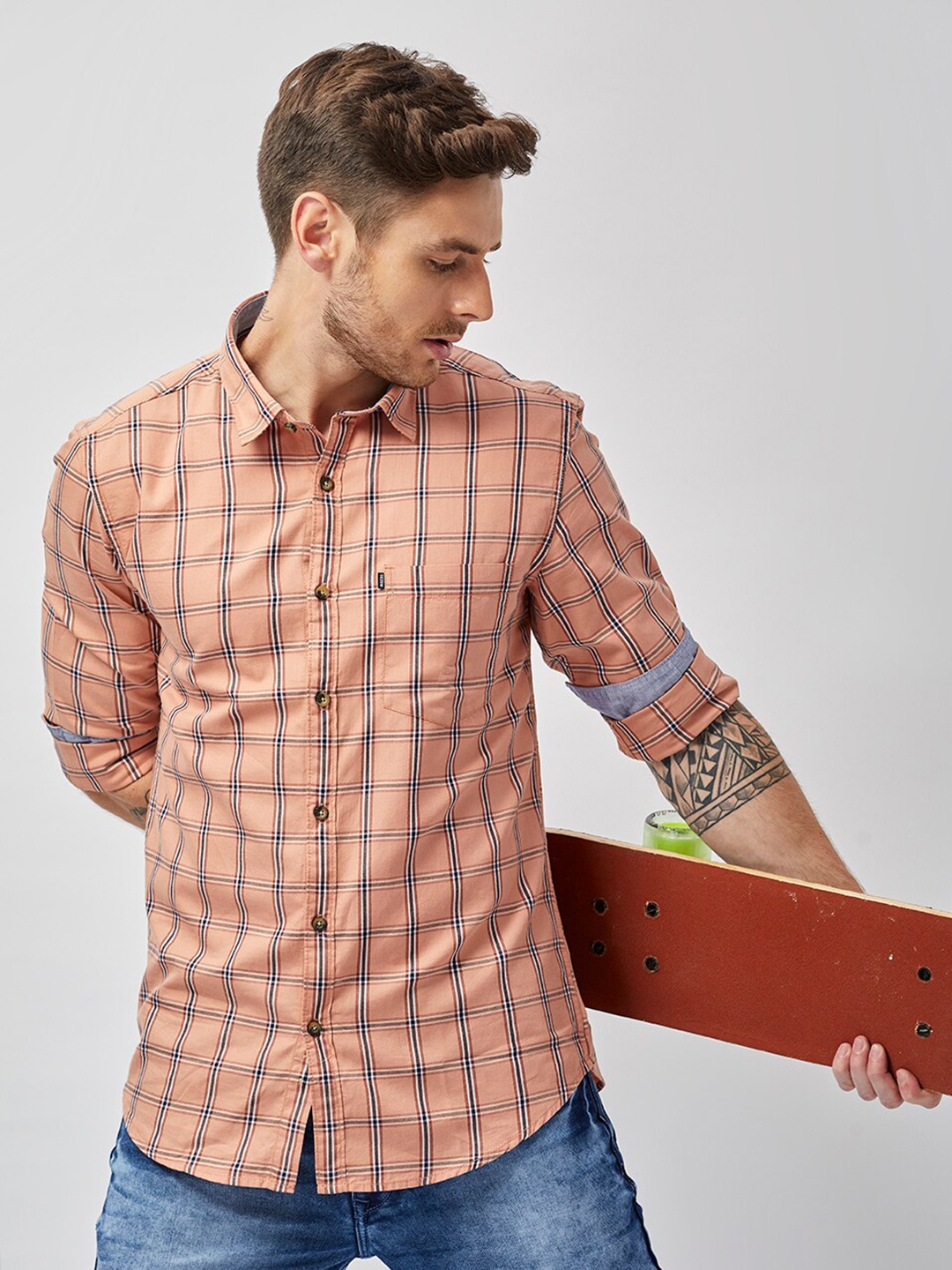 

MOZZO Classic Slim Fit Tartan Checks Spread Collar Pure Cotton Casual Shirt, Orange
