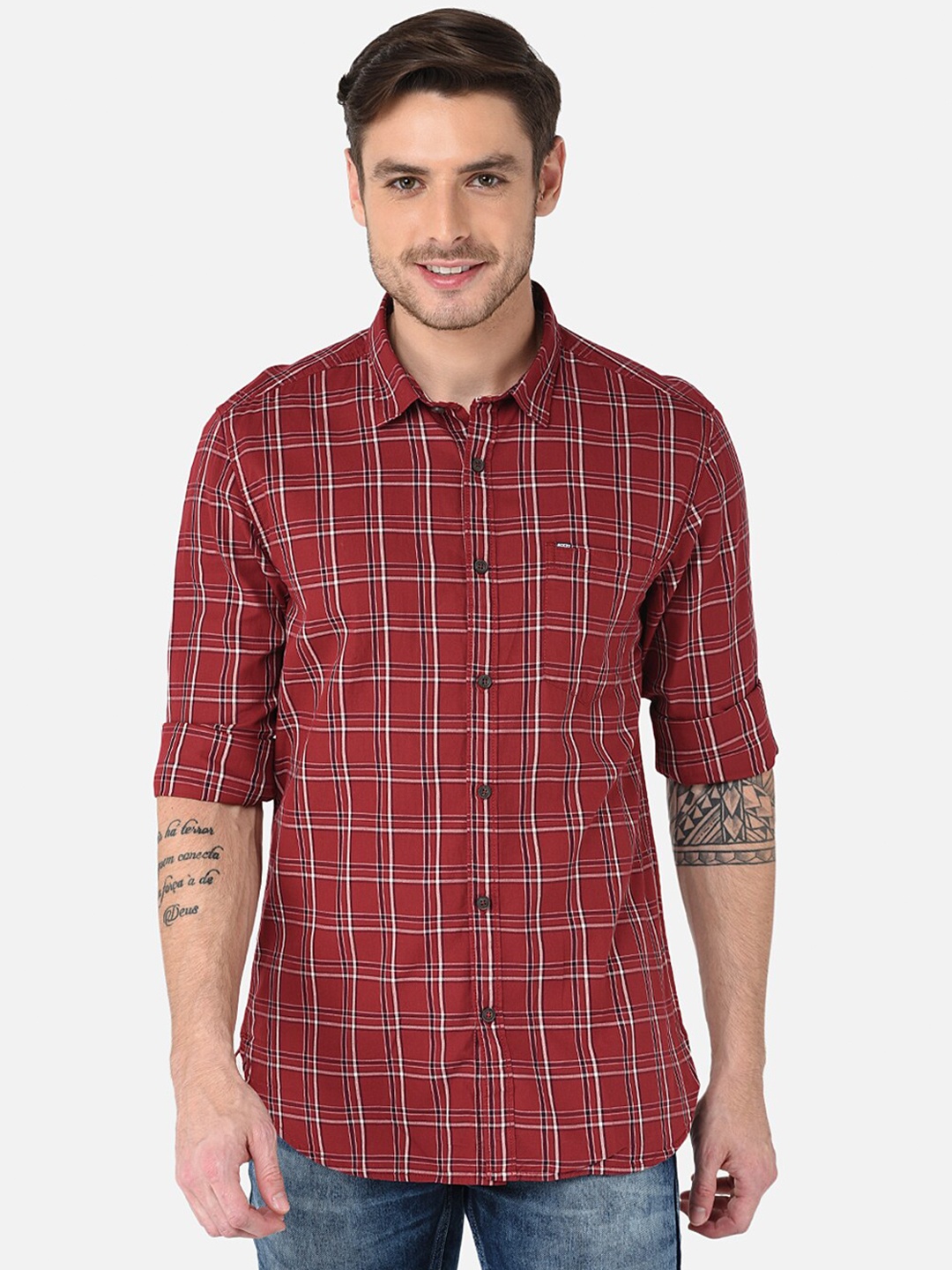 

MOZZO Classic Slim Fit Tartan Checks Spread Collar Pure Cotton Casual Shirt, Maroon