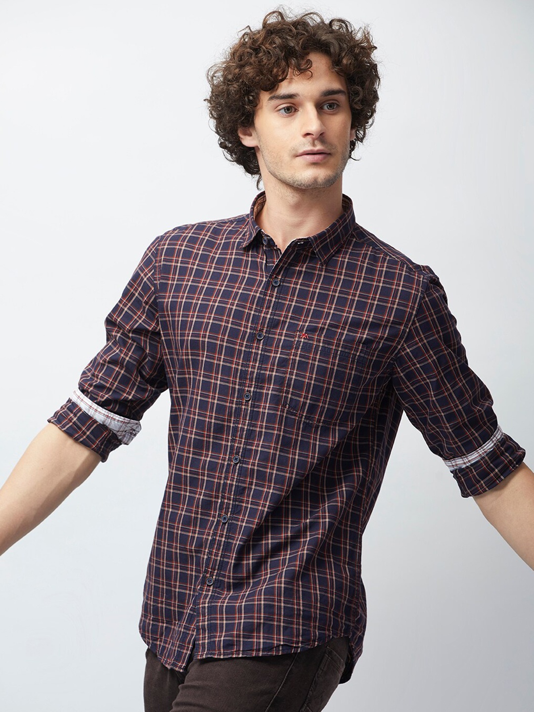 

MOZZO Checked Classic Slim Fit Casual Shirt, Navy blue