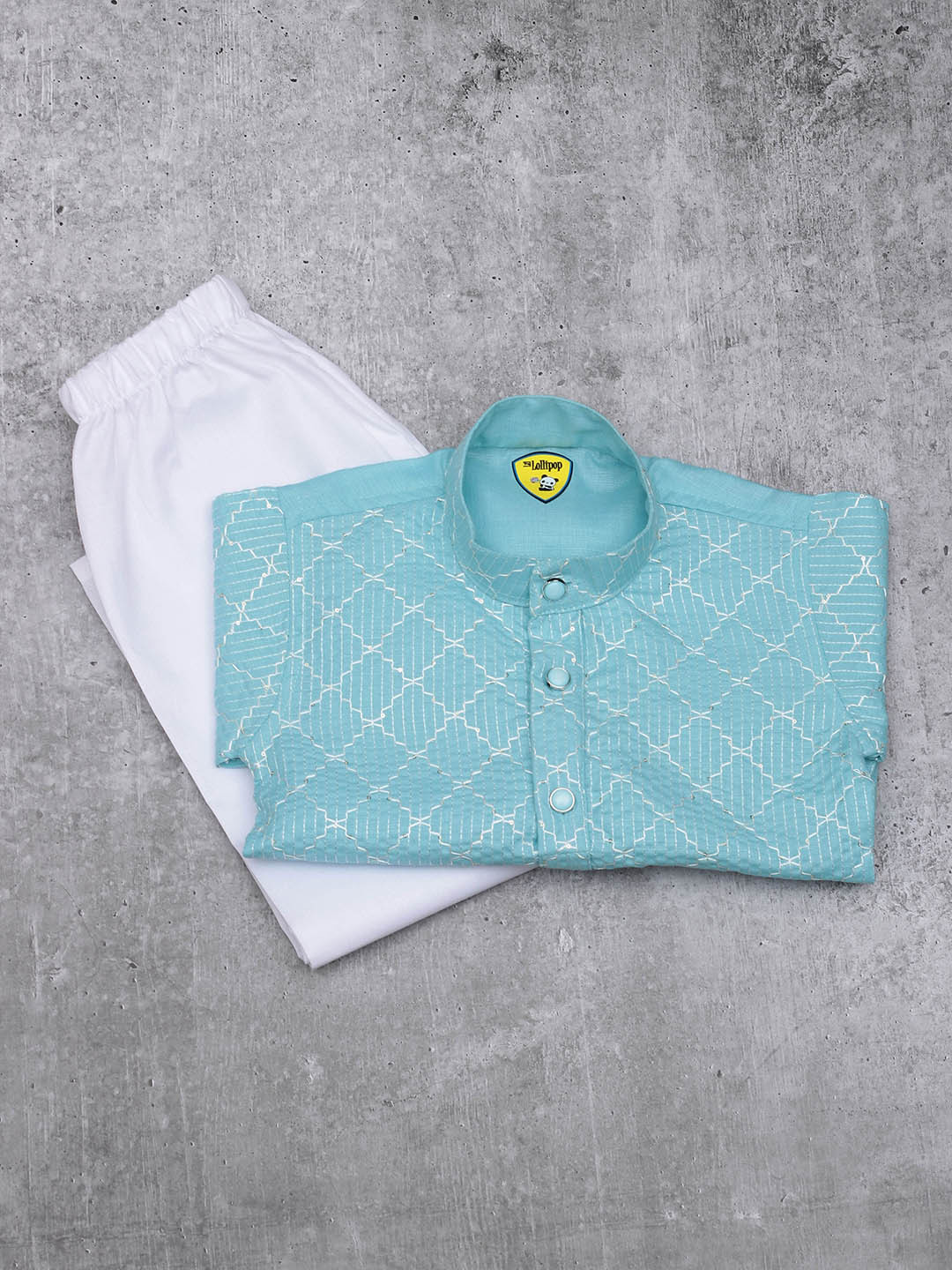 

Lil Lollipop Boys Ethnic Motifs Embroidered Thread Work Pure Cotton Kurta With Pyjamas, Blue