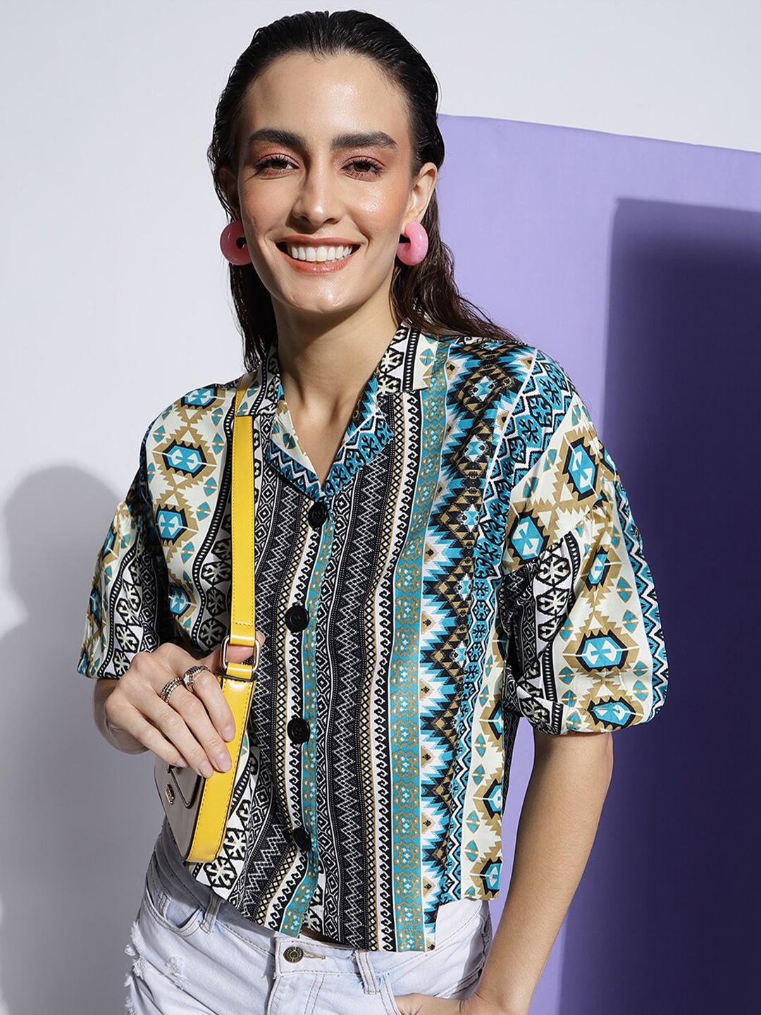 

CLEMIRA Ethnic Motifs Printed Shirt Style Top, White