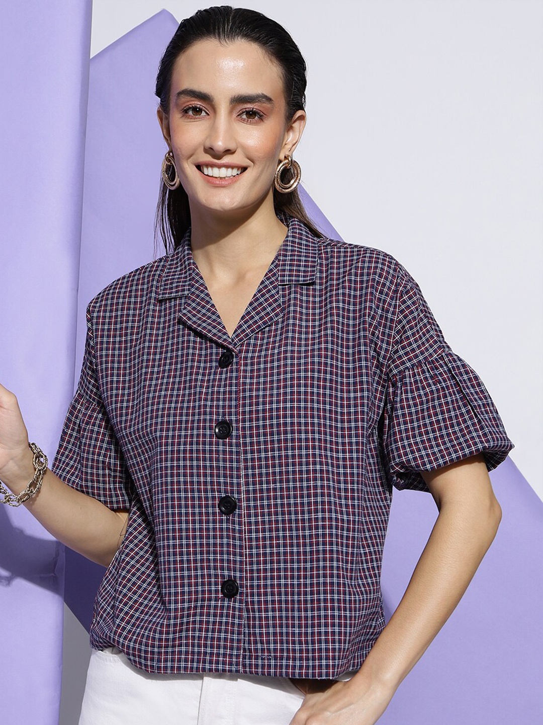 

CLEMIRA Checked Cotton Shirt Style Top, Magenta