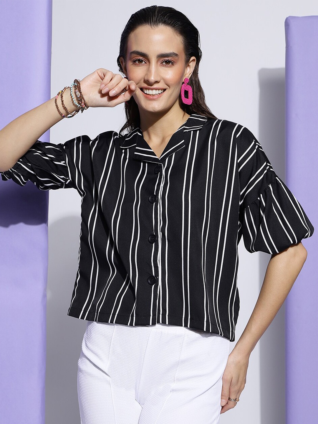 

CLEMIRA Striped Puff Sleeves Shirt Style Top, Black