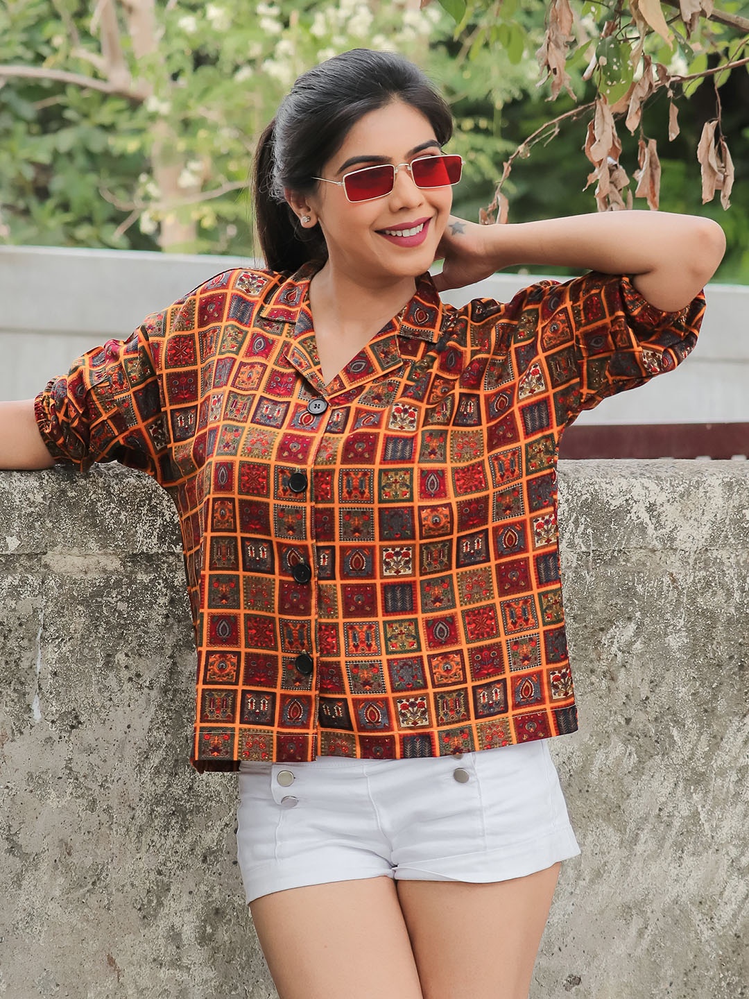 

CLEMIRA Ethnic Motifs Printed Puff Sleeves Shirt Style Top, Mustard