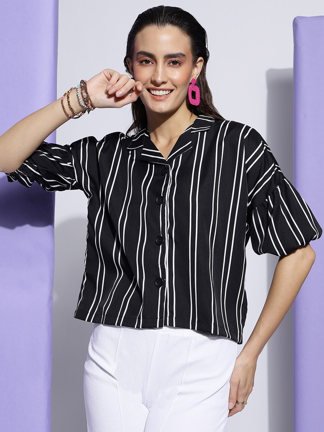 

CLEMIRA Vertical Stripes Puff Sleeves Shirt Style Top, Black