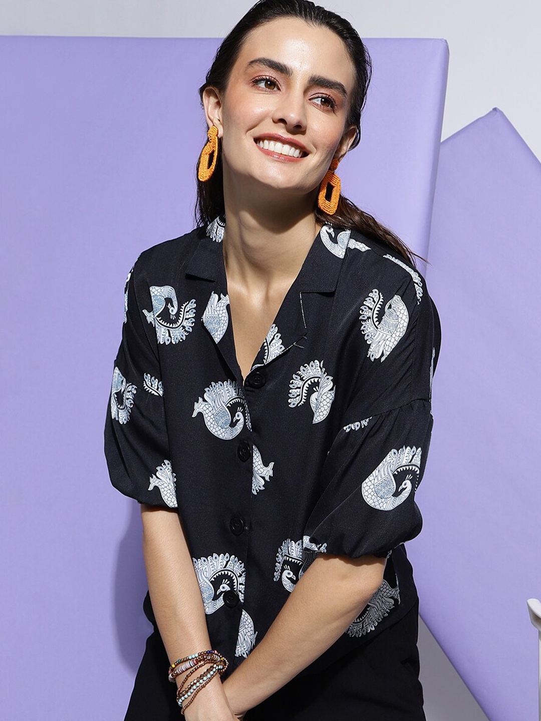 

CLEMIRA Black Ethnic Motifs Print Roll-Up Sleeves Crepe Shirt Style Top