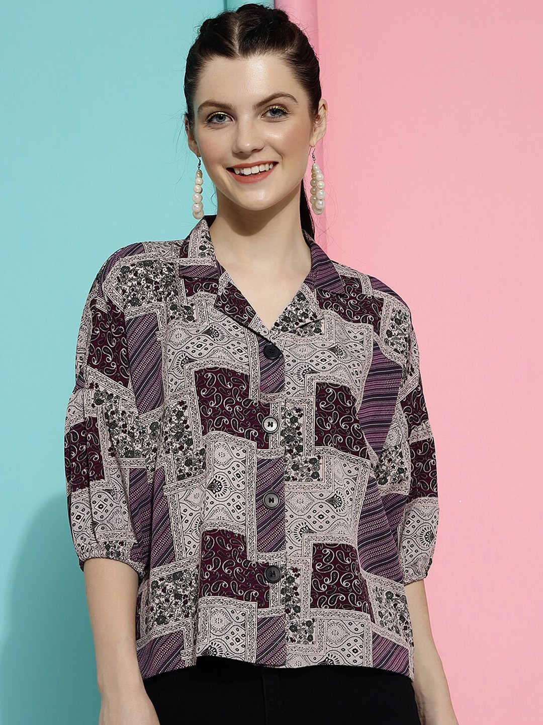 

CLEMIRA Ethnic Motifs Printed Puff Sleeves Shirt Style Top, Magenta