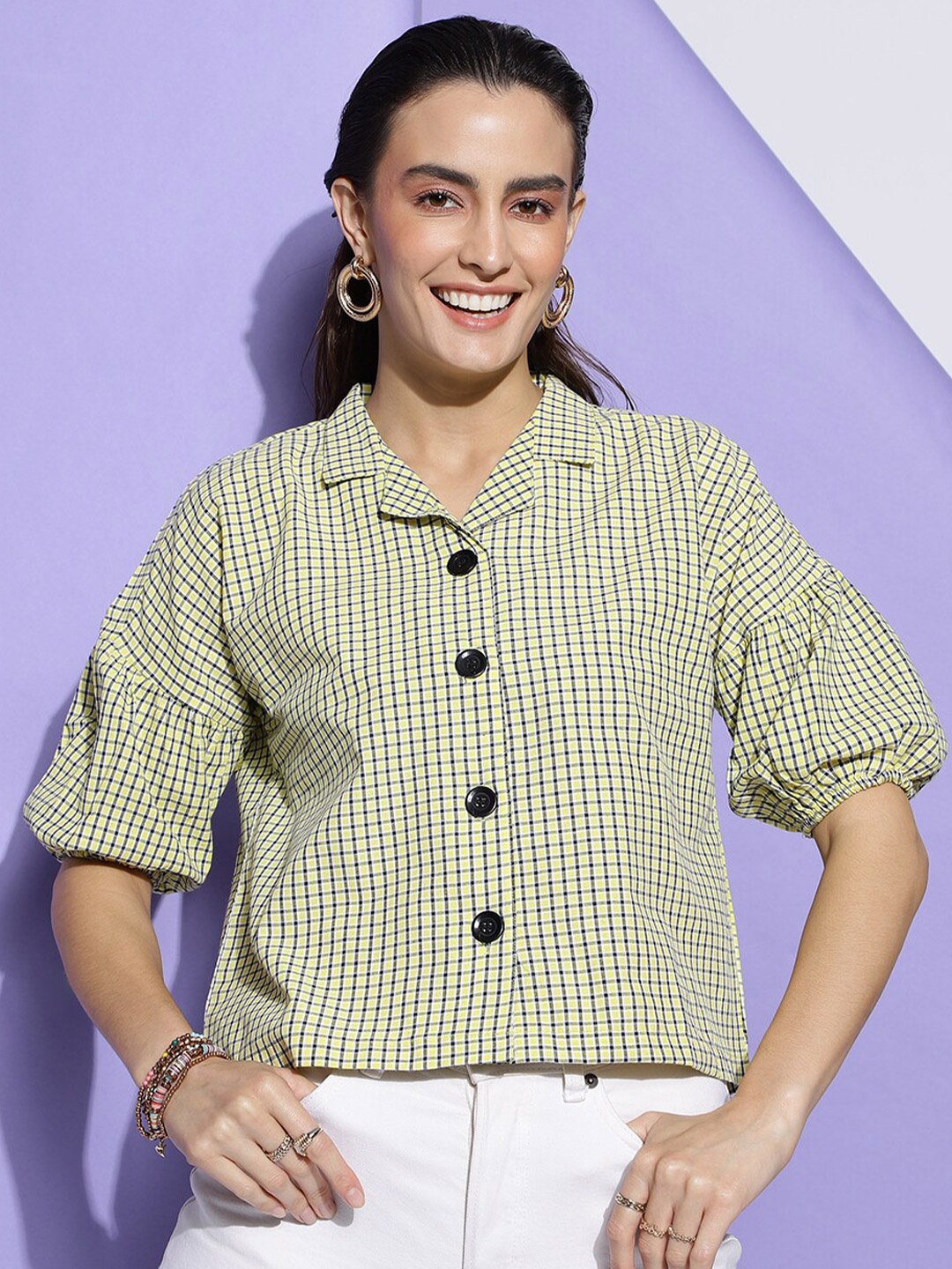 

CLEMIRA Geometric Print Shirt Style Cotton Top, Sea green