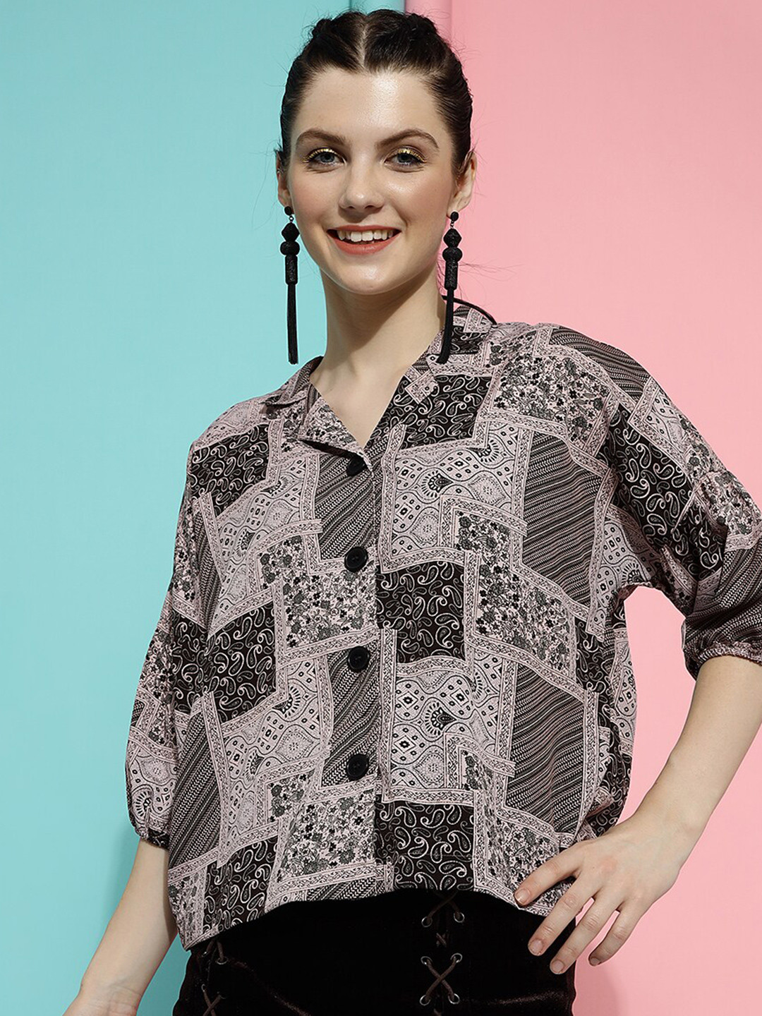 

CLEMIRA Ethnic Motifs Printed Shirt Style Top, Black