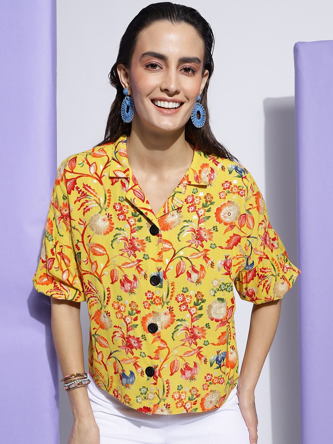 

CLEMIRA Floral Printed Shirt Collar Extended Sleeves Shirt Style Top, Yellow