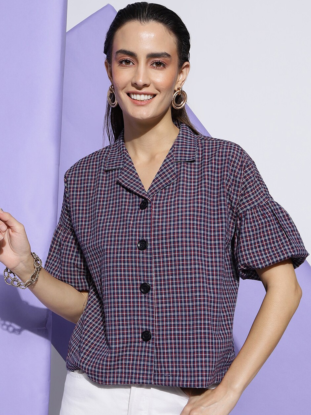 

CLEMIRA Checked Puff Sleeves Cotton Shirt Style Top, Magenta