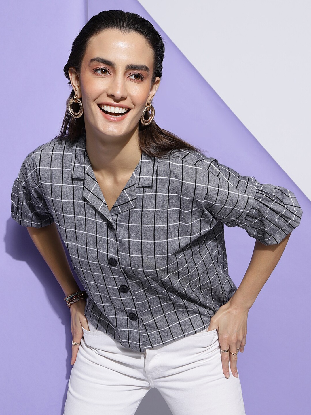 

CLEMIRA Checked Puff Sleeves Cotton Shirt Style Top, Grey