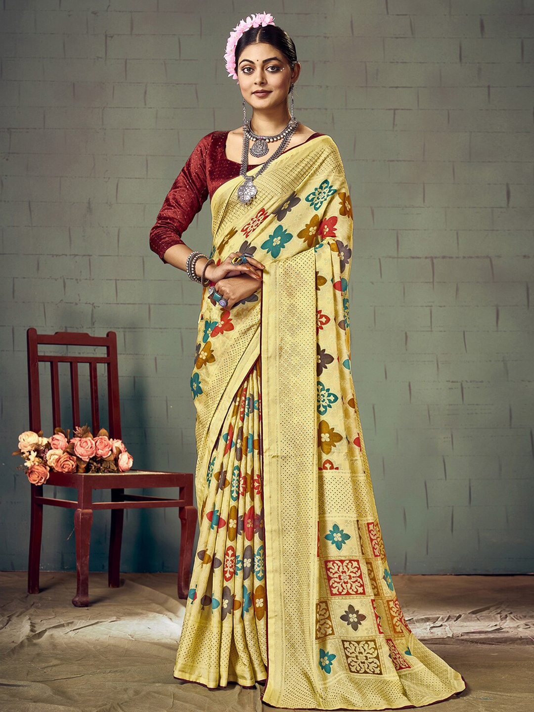 

Mitera Yellow & Red Ethnic Motifs Printed Brasso Bagh Saree