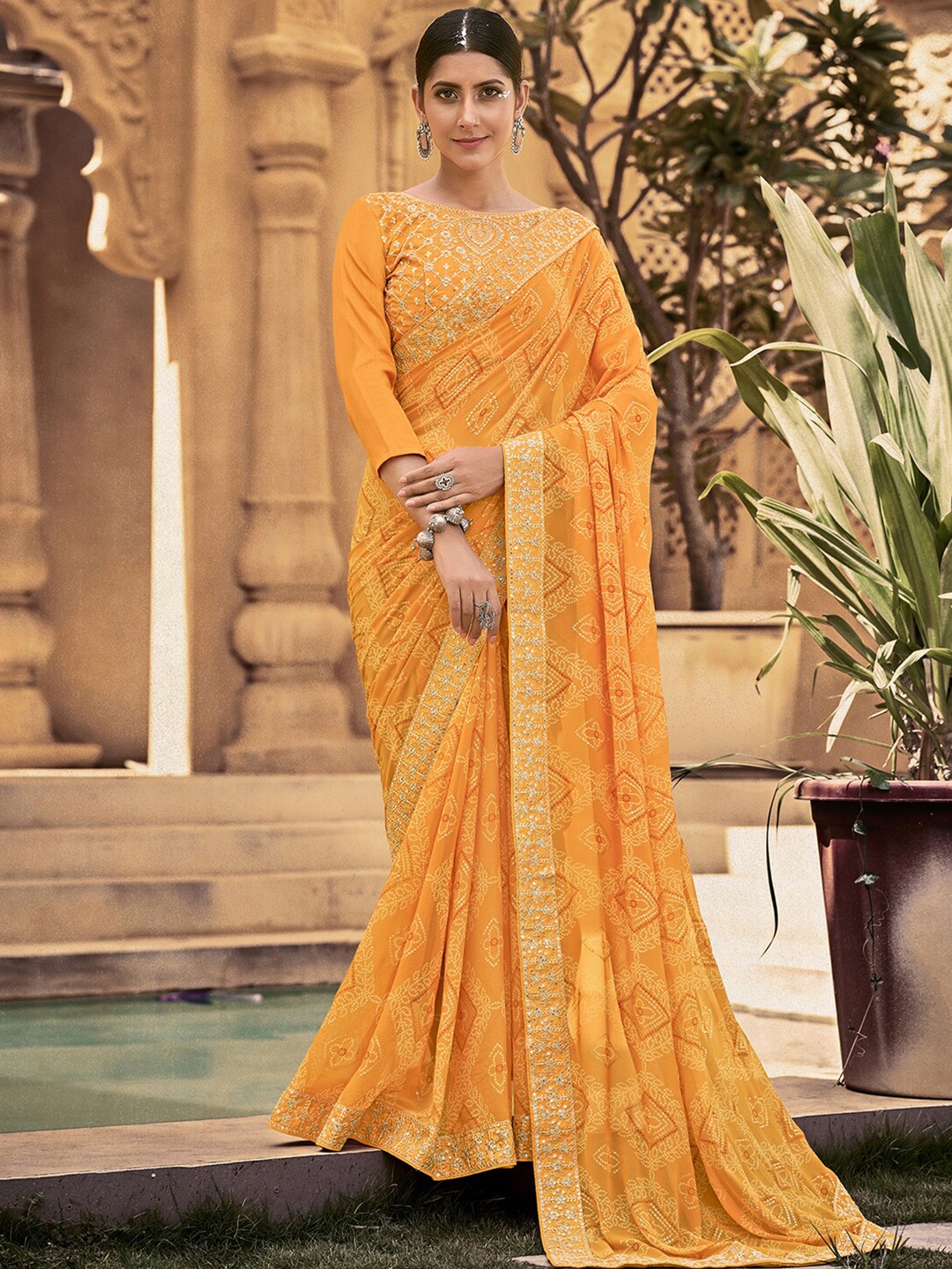 

Mitera Mustard & White Bandhani Embroidered Pure Georgette Bandhani Saree
