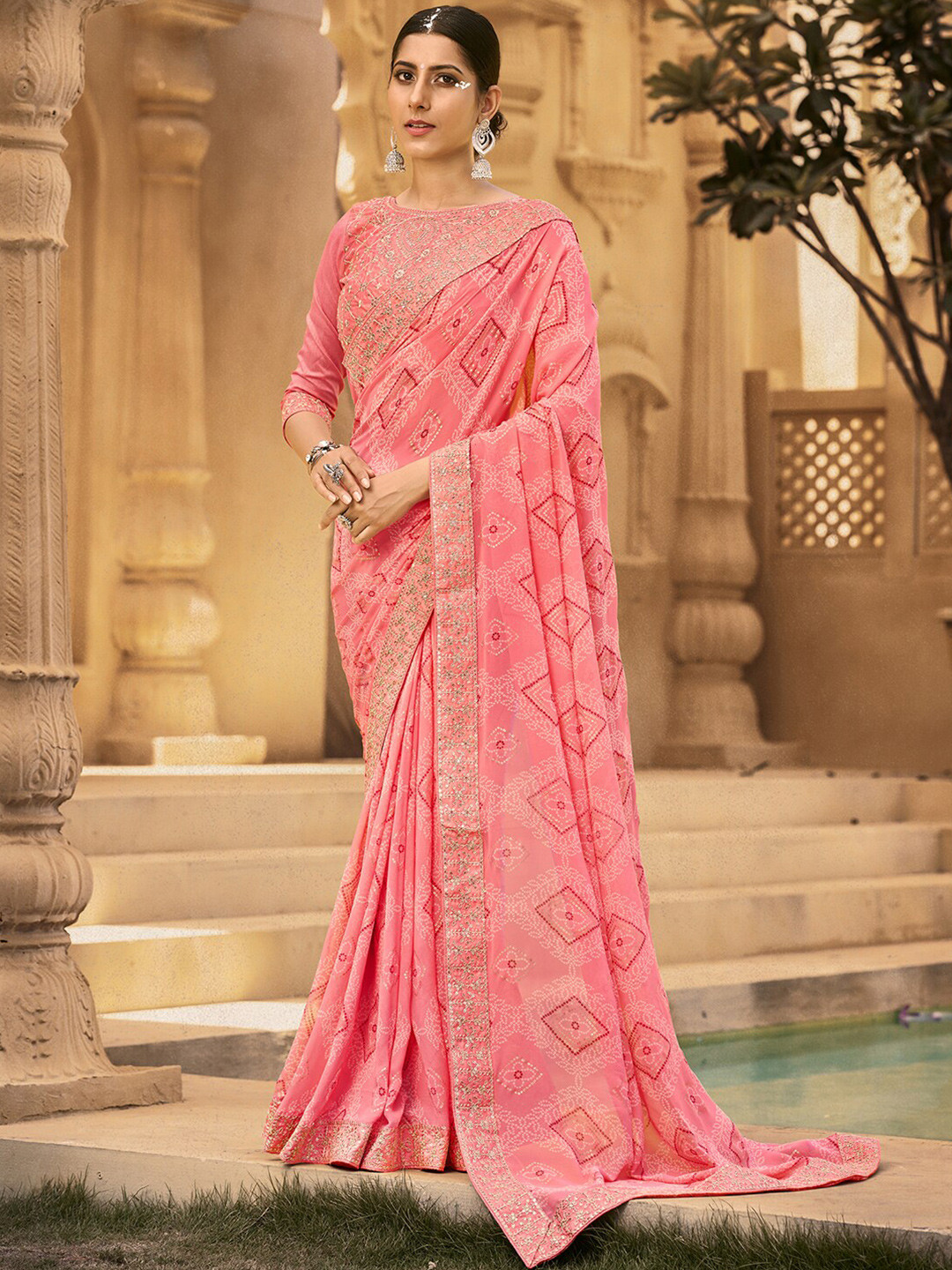 

Mitera Pink Bandhani Beads And Stones Pure Georgette Saree